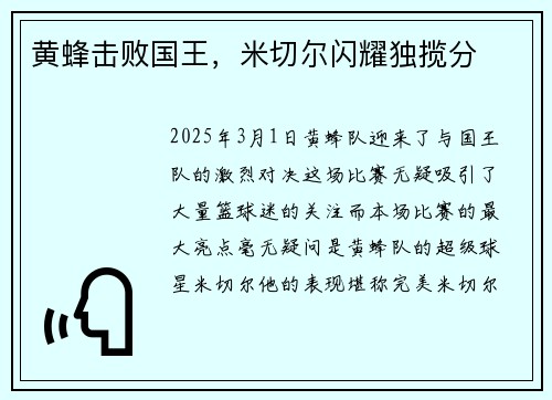 黄蜂击败国王，米切尔闪耀独揽分