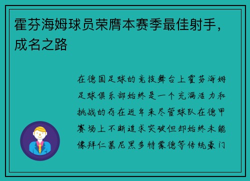 霍芬海姆球员荣膺本赛季最佳射手，成名之路