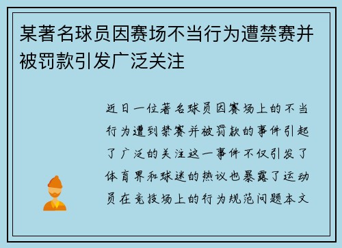 某著名球员因赛场不当行为遭禁赛并被罚款引发广泛关注